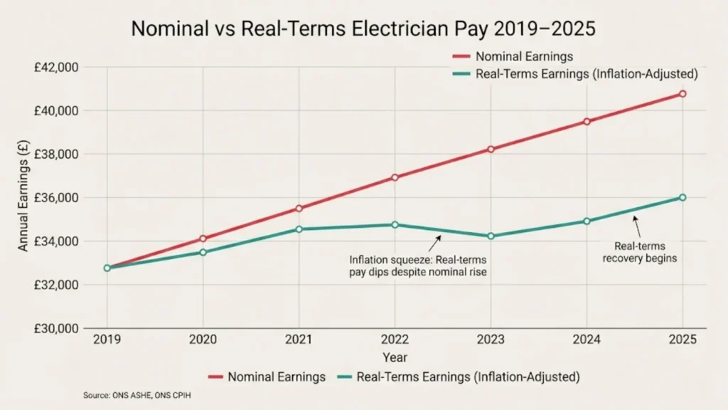 Line chart comparing nominal and inflation-adjusted (real-terms) full-time electrician earnings in the UK from 2019 to 2025, showing steady nominal wage growth while real-terms pay dips around 2023 before recovering by 2025.