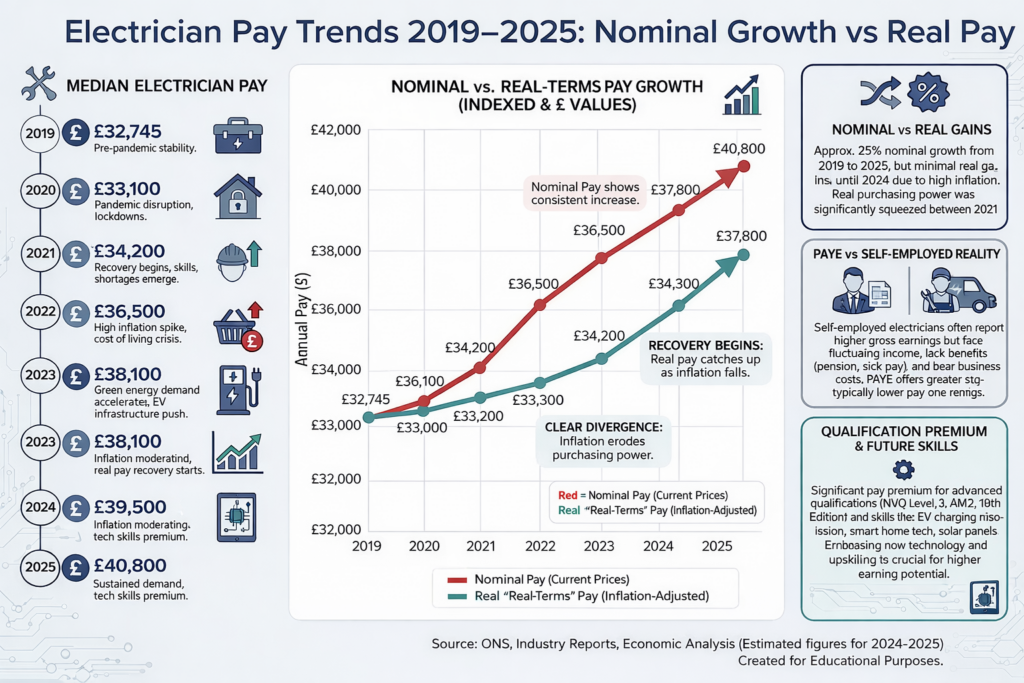 electrician pay trends from 2019–2025, comparing nominal wage growth with real (inflation-adjusted) pay and highlighting periods of inflation squeeze and recovery.