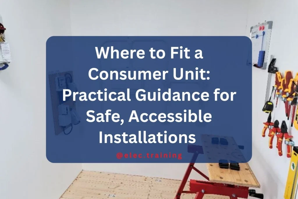 Domestic electrical training bay with mounted wiring setup, tools on the wall, and a workbench in the corner