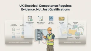 Illustrated UK electrician working onsite with icons showing NVQ evidence AM2 assessment and Gold Card requirements