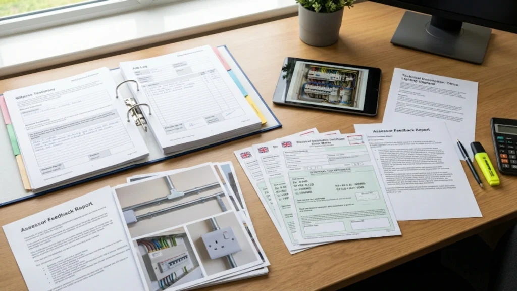 NVQ electrical portfolio evidence with test certificates, installation photos, and assessor records
