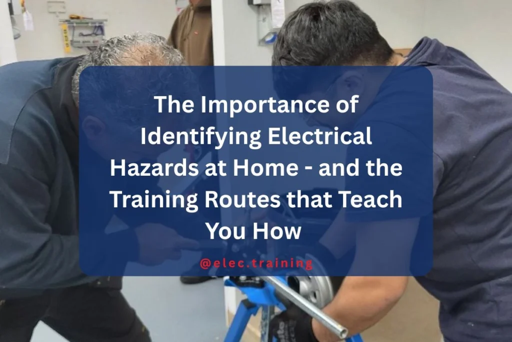 Two learners operate a blue pipe bending machine during an electrician course