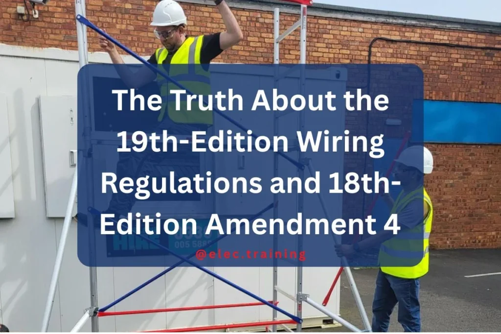 two electrical learners in yellow vests and hard hats are assembling a metal scaffold frame.