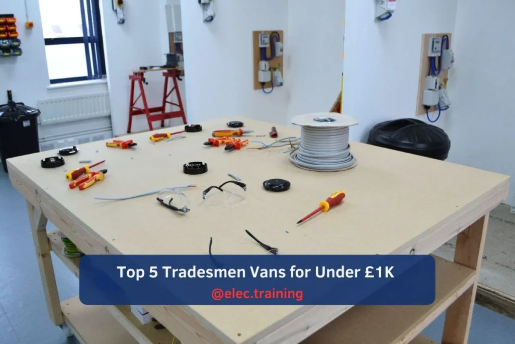 Bunch of electrician tools placed on workbenches