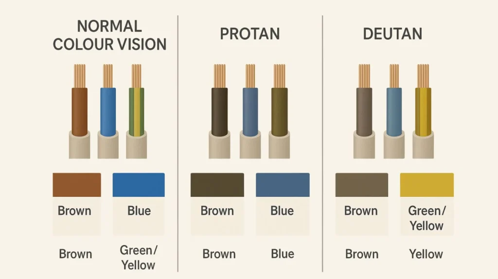 Diagram showing how protan and deutan colour blindness affect perception of electrical wire colours