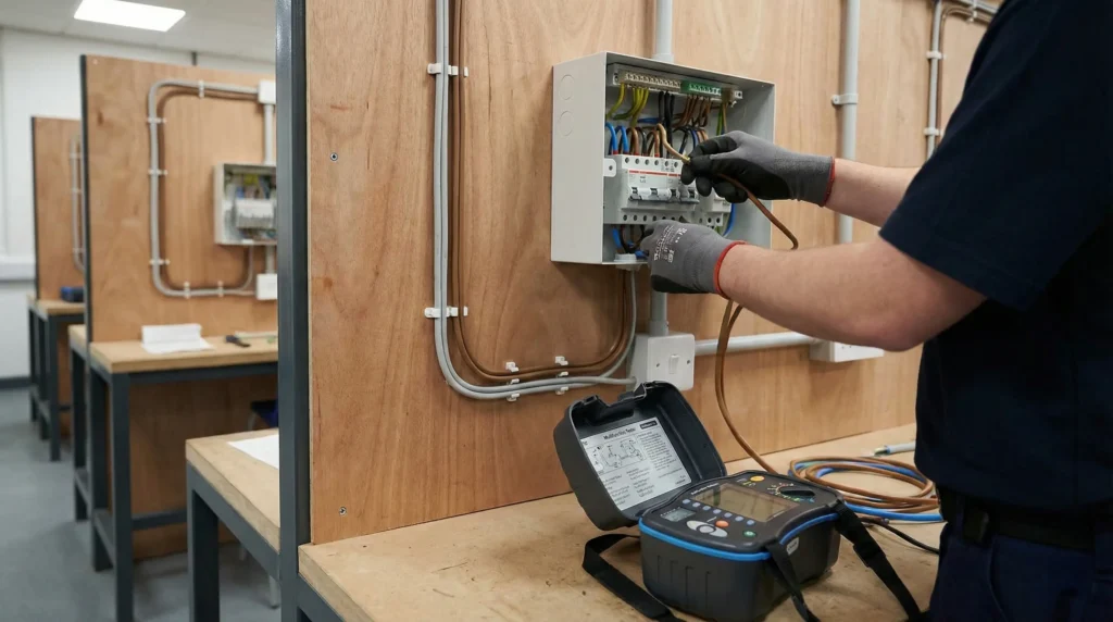 Level 2 electrical training bay showing practical circuit installation with consumer unit, wiring, and testing equipment