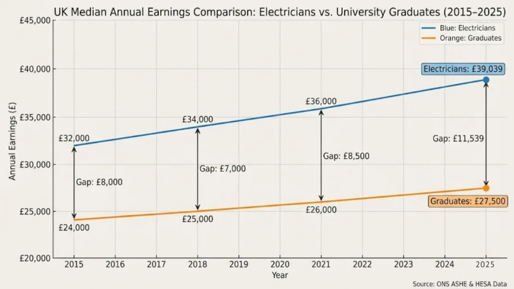 Line chart comparing UK median annual earnings of electricians and university graduates from 2015 to 2025