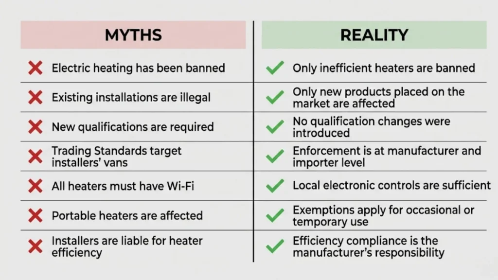 Lot 20 electric heater myths versus regulatory reality comparison.