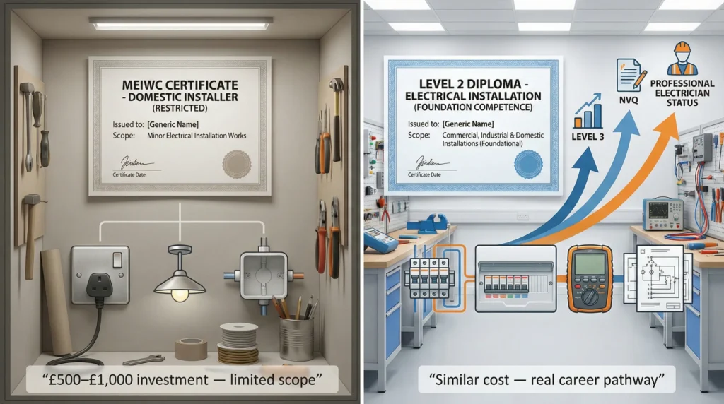 MEIWC vs Level 2 electrical qualification comparison showing limited scope versus career progression