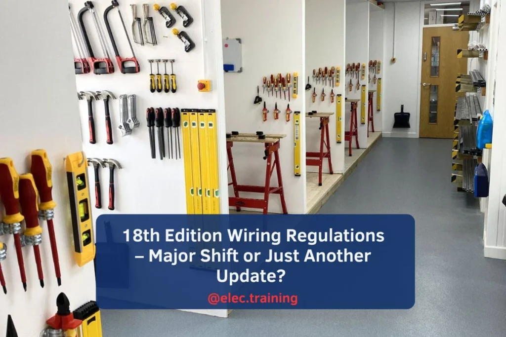 Organized electrical training bays with tools neatly arranged on walls.