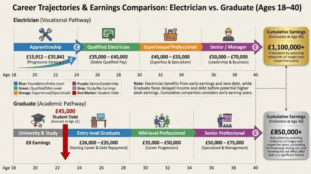 Timeline comparing electrician and graduate career paths, showing typical earnings progression and cumulative income from ages 18 to 40.