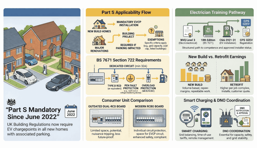 Multi-panel infographic explaining UK EV charging rules, including Part S requirements, BS 7671 Section 722, consumer unit upgrades, electrician training pathway, and new build versus retrofit earnings