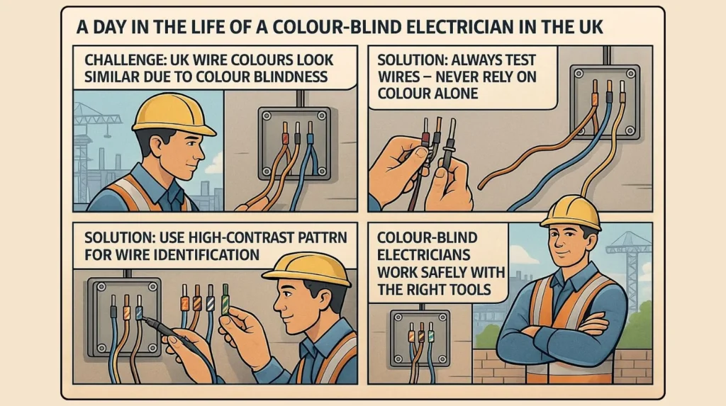 four-panel comic showing a colour-blind UK electrician identifying wires using testing tools and high-contrast labels.