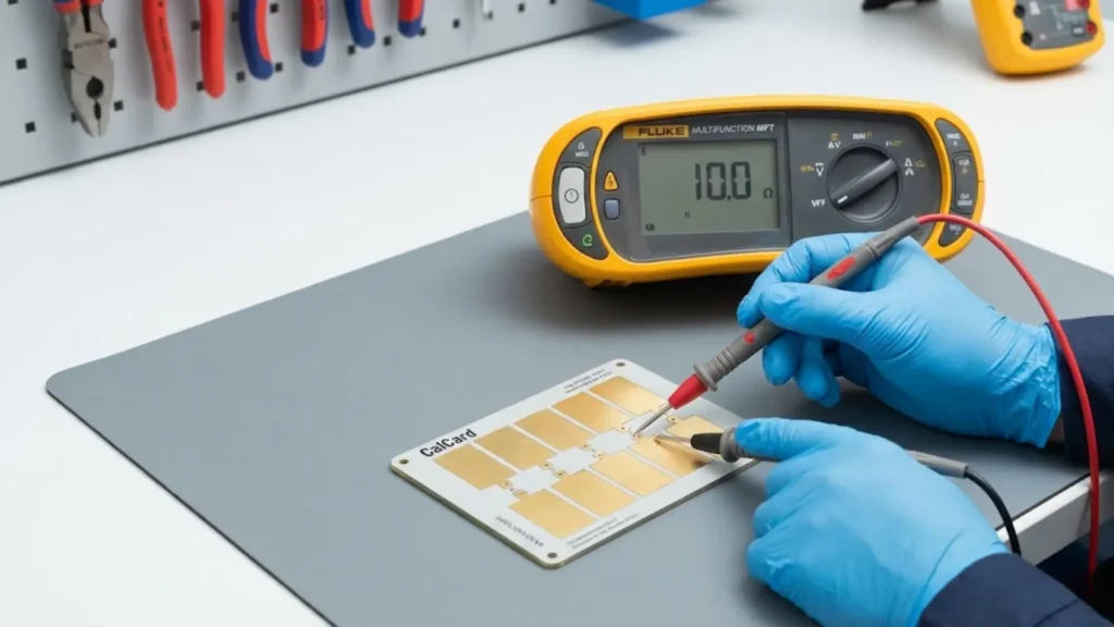 CalCard used with a multifunction tester to verify resistance before electrical testing