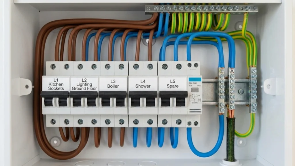 Close-up of electrical connections showing neat workmanship and circuit labeling