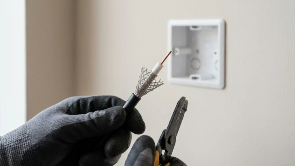 Coaxial cable being stripped showing braided screen and inner conductor preparation