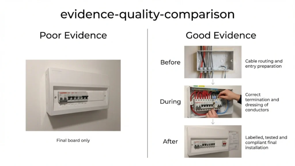 Comparison diagram showing good quality NVQ portfolio evidence versus poor quality evidence examples