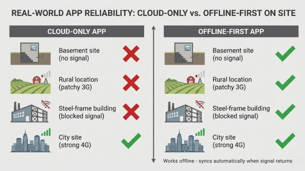 Comparison showing cloud-only vs offline-first apps across basement, rural, steel-frame, and city sites.