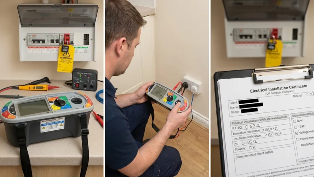 Electrical testing sequence showing multifunction tester use and completed installation certificate with recorded results
