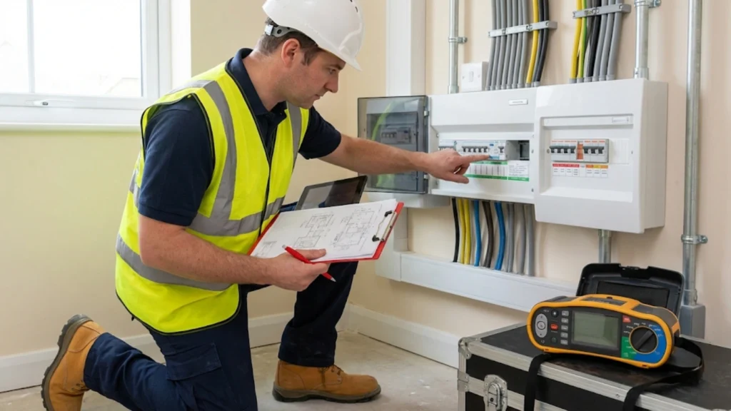 Electrician checking and verifying completed electrical installation work