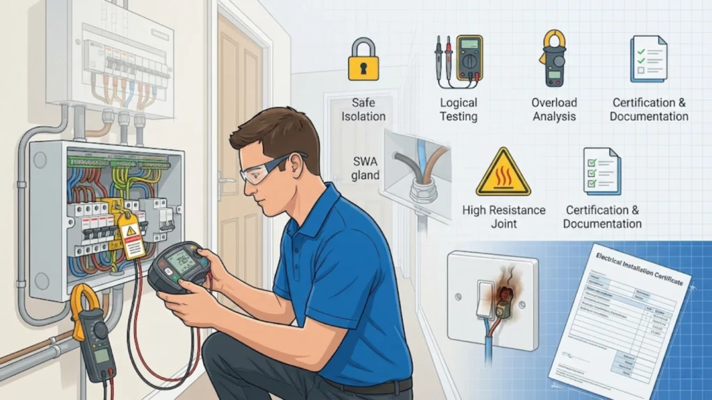 Electrician diagnosing electrical faults with testing equipment and illustrated icons representing safe isolation, overload analysis, and certification