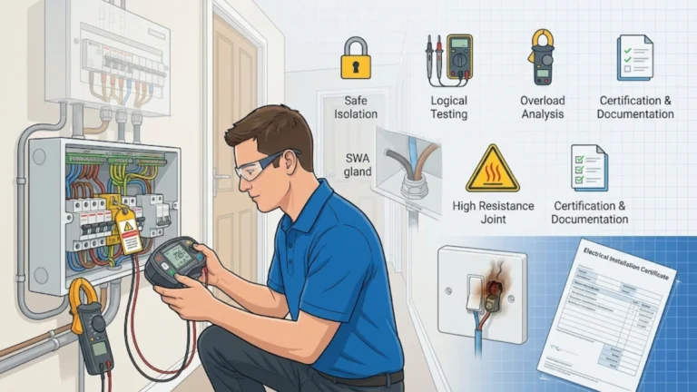 Electrician diagnosing electrical faults with testing equipment and illustrated icons representing safe isolation, overload analysis, and certification