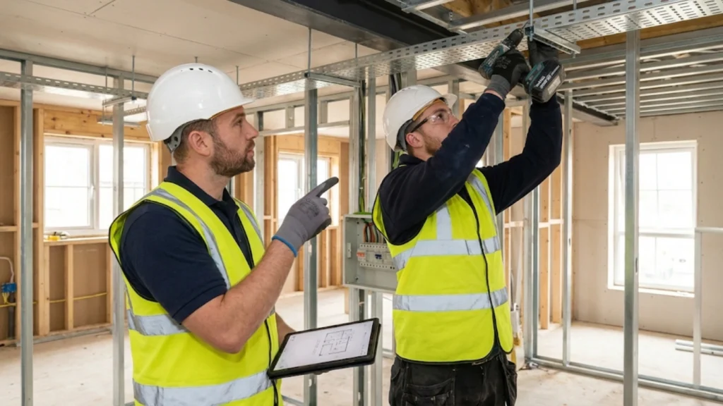 Electrician in supervisory role overseeing and checking another operative's electrical work