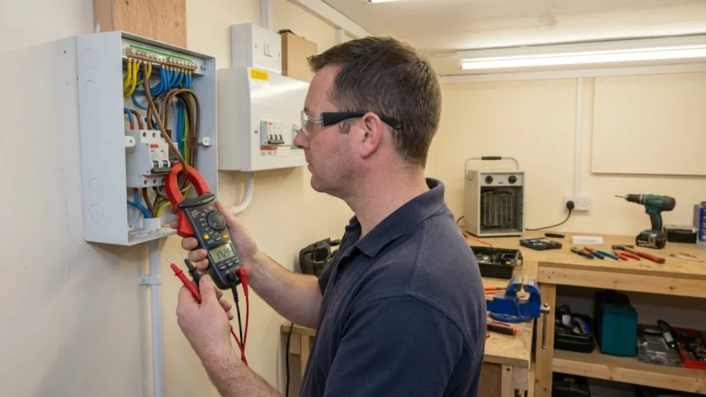 Electrician measuring circuit current with clamp meter to diagnose overload condition
