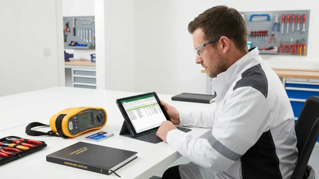 Electrician reviewing verification records and testing documentation in a professional workspace