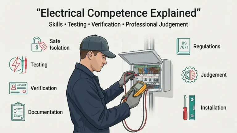 Illustration of an electrician wearing a safety cap performing professional electrical testing