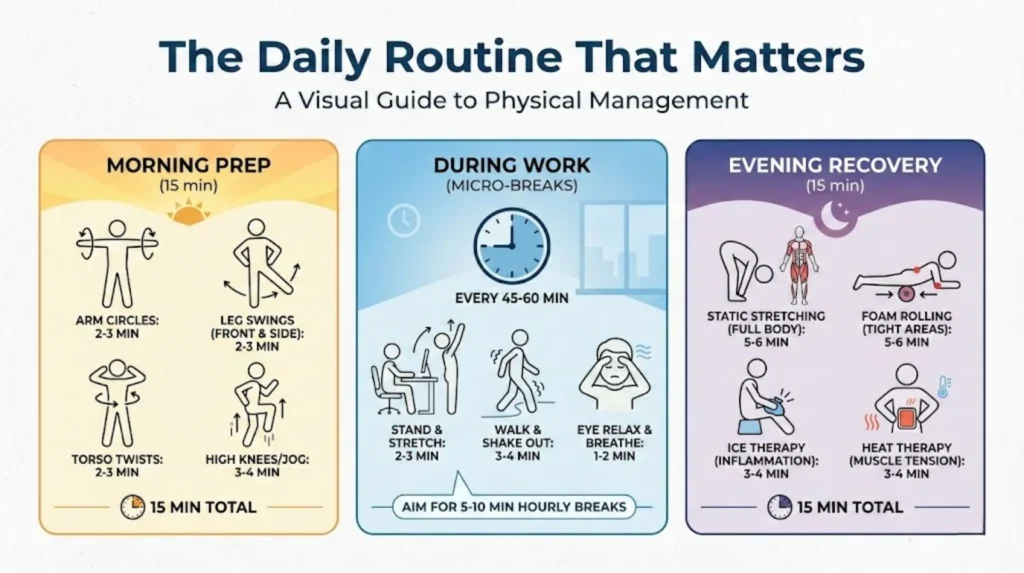 Infographic showing a daily physical management routine with morning warm-up, short movement breaks during work, and evening recovery exercises.