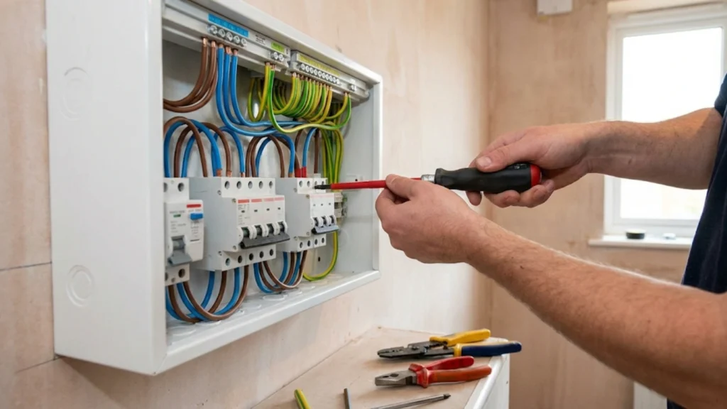 Second fix electrical installation showing equipment termination in progress