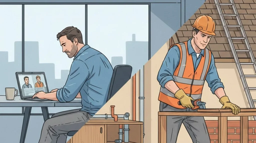 Split illustration showing a mid-career transition from office work to hands-on trade work, with a desk-based professional on one side and a construction worker on site on the other.