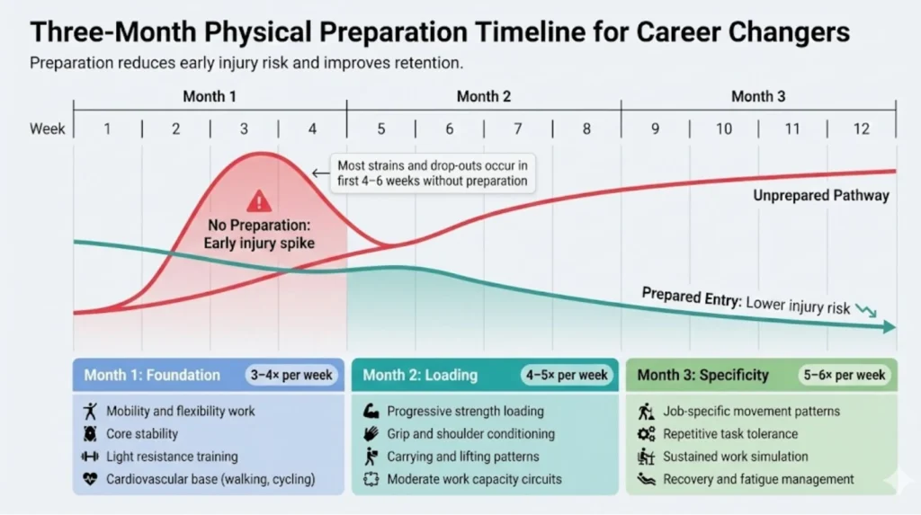 Three-month physical preparation timeline comparing unprepared versus prepared career changers, showing injury risk trends and weekly training focus across Months 1–3.