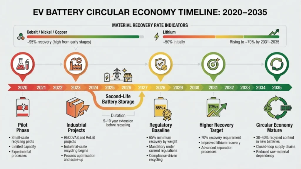 Timeline showing growth of EV battery recycling and recovery targets