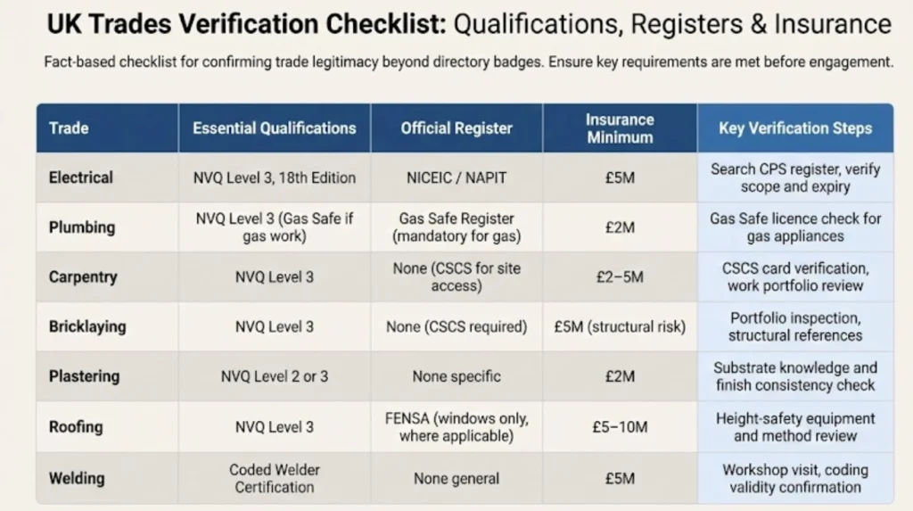 UK Trades Verification Checklist comparing trades by required qualifications, official registers, minimum insurance levels, and key verification steps.