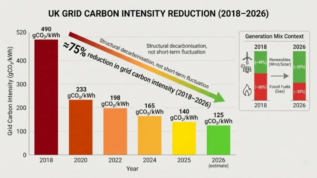 UK electricity grid carbon intensity falling sharply from 2018 to 2026