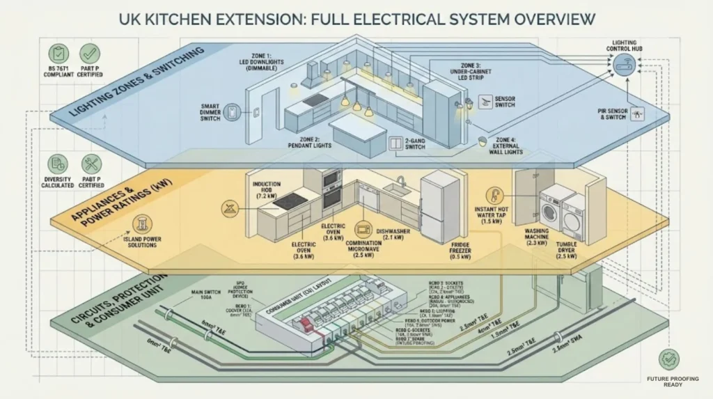 UK kitchen extension electrical layout with lighting zones, appliance power ratings, and circuits connected to the consumer unit.