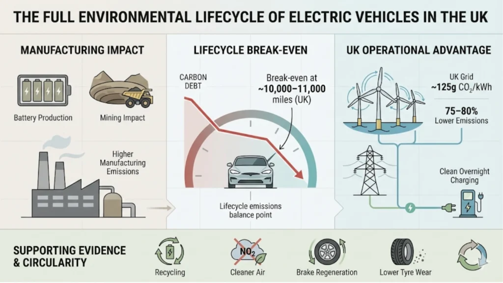 Visual summary of EV manufacturing emissions, break-even point, and lower lifetime CO2 impact versus petrol vehicles.