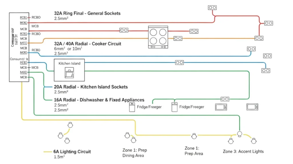 Wiring diagram of a UK kitchen extension showing ring and radial circuits for sockets, cooker, island, fixed appliances, and zoned lighting from the consumer unit.