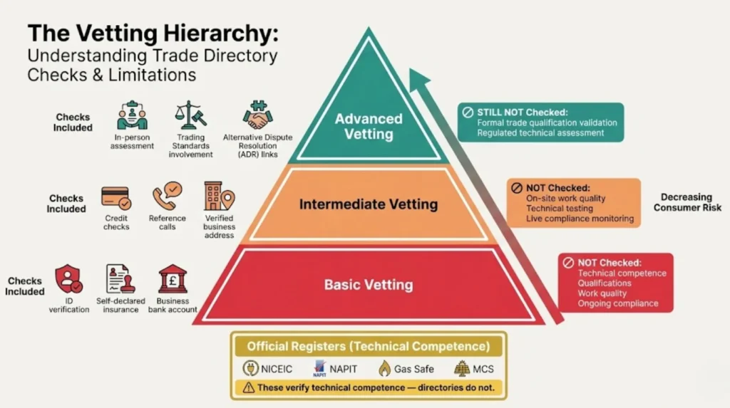 a three-level vetting hierarchy (basic, intermediate, advanced), highlighting what trade directories check and what remains unchecked, with official registers shown separately
