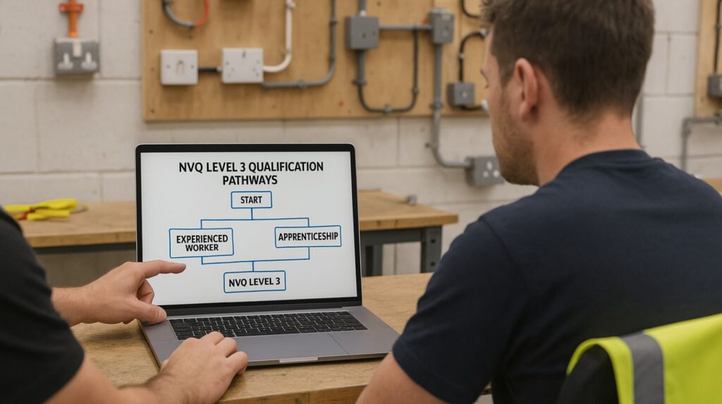 Advisor showing NVQ Level 3 pathway flowchart on a laptop in a UK electrical training centre.