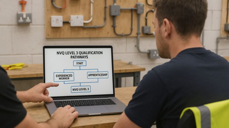 Advisor showing NVQ Level 3 pathway flowchart on a laptop in a UK electrical training centre.