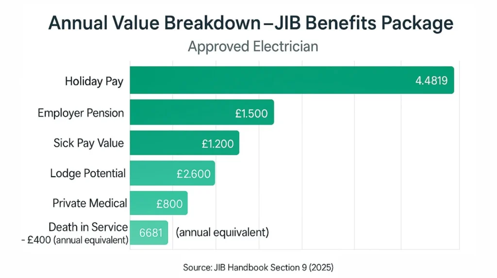 Bar chart showing annual monetary value of JIB employment benefits package totaling over £12,000 for Approved Electrician
