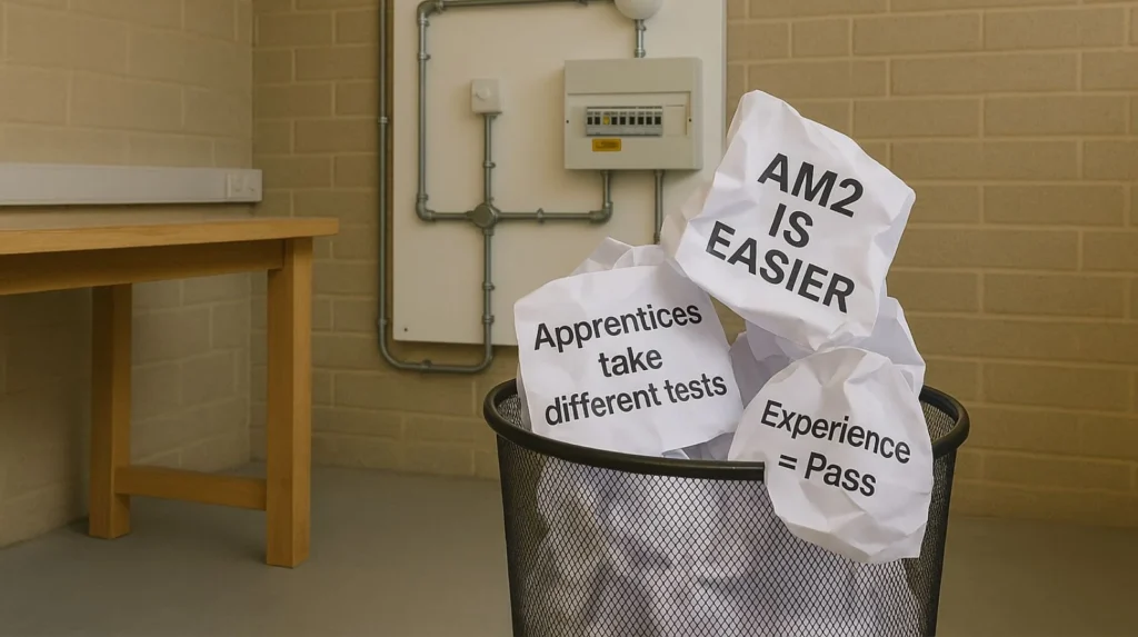 Bin with crumpled AM2 myth papers in a UK electrical training workshop.