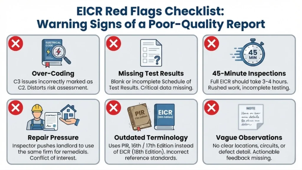 Checklist highlighting common red flags in poor-quality EICR reports.