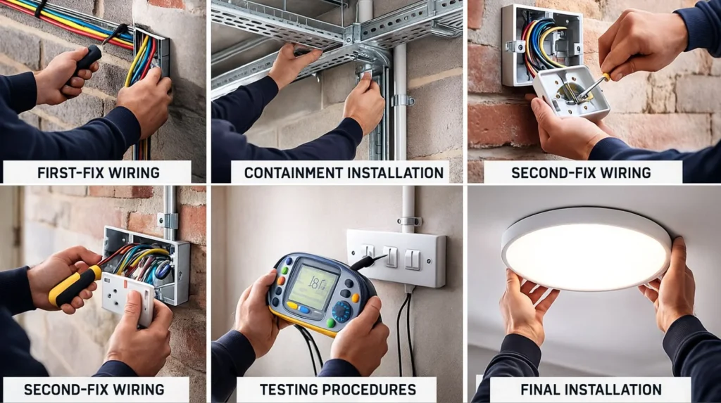 Collage showing stages of electrical installation from first-fix to final fit.