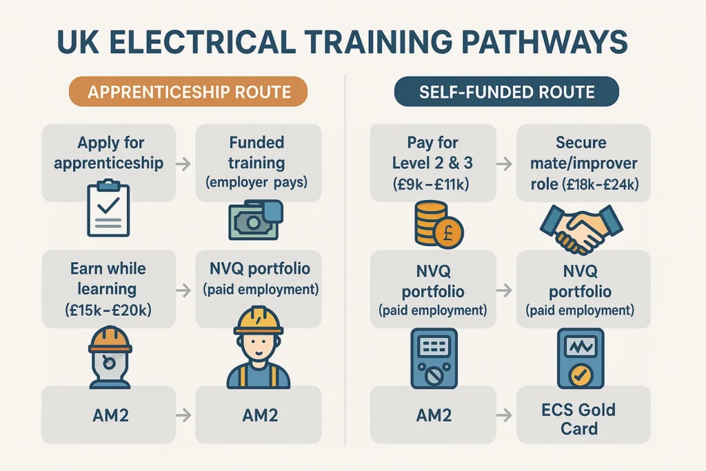 Comparison flowchart showing apprenticeship route versus self-funded non-apprenticeship route to qualified electrician