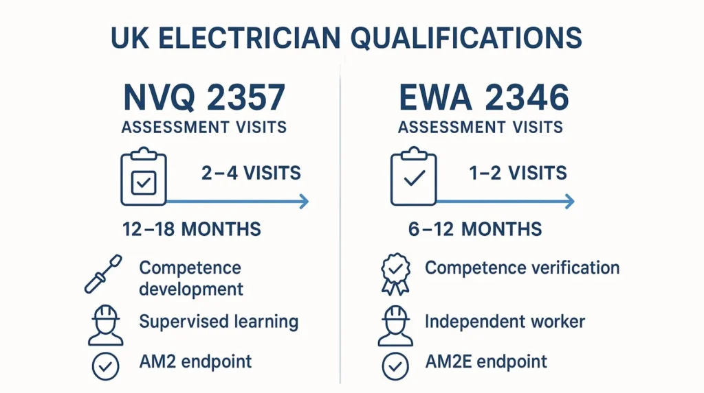 Diagram comparing NVQ 2357 improver assessment visits versus EWA 2346 experienced worker assessment visits showing frequency, timeline, and competence expectation differences