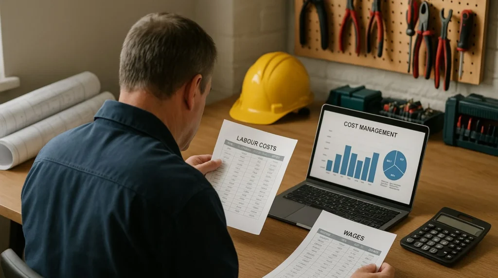 Electrical contractor reviewing labour costs and wage budgets following 2026-2028 JIB wage agreement increases